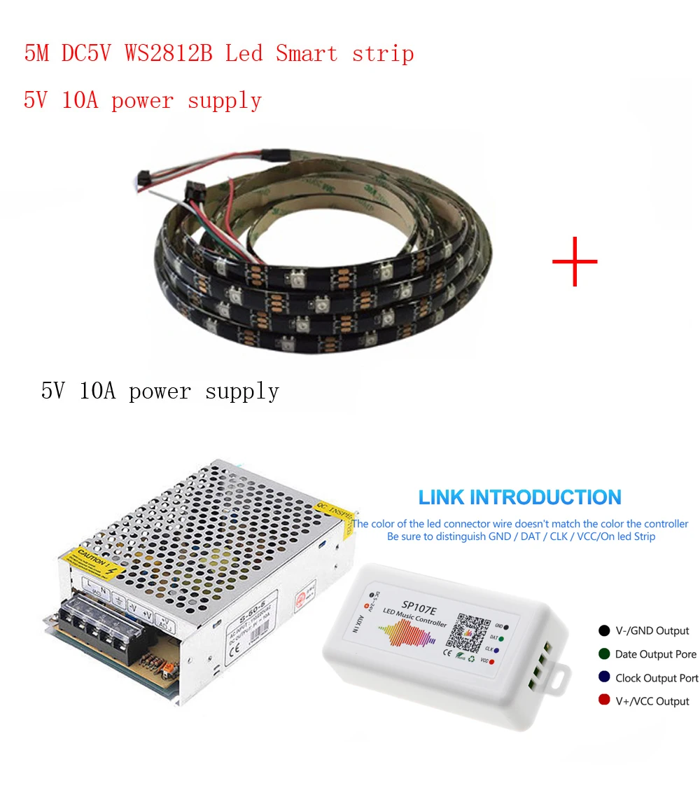 

5m DC5V WS2812B Led Strip 30 pixels/leds/m WS2812 IC Smart 5050 RGB led Strip light+5V LED Power Supply + LED Controller