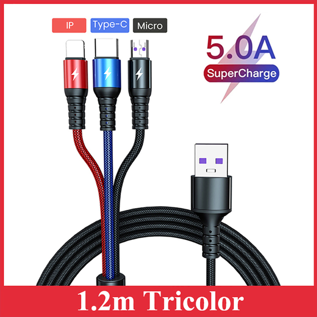 in 1 5A Super Fast Charging USB Cable for Huawei For iPhone 13 12 11 Pro Fast Charger 8 Pin Micro USB Type C Cable for Samsung