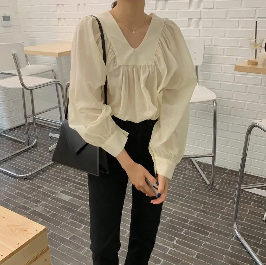 Корейская Blusas Mujer De Moda, винтажные элегантные рубашки, одноцветные женские топы, Осенние сексуальные Свободные повседневные блузы с длинным рукавом и v-образным вырезом
