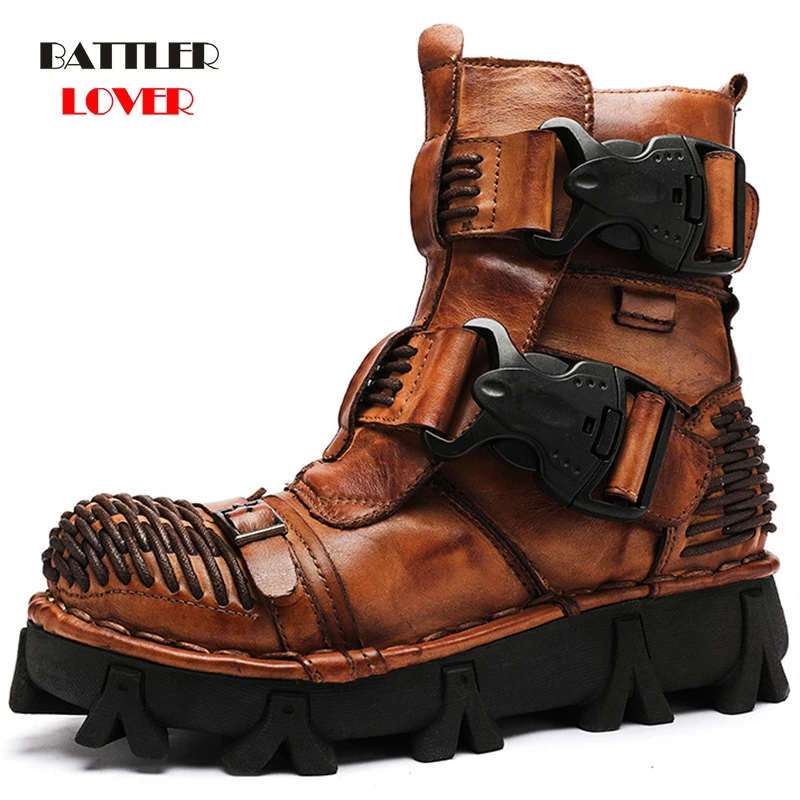 Mens Brown Genuine Leather Military Army Boots Gothic Skull Punk Motorcycle Boots 