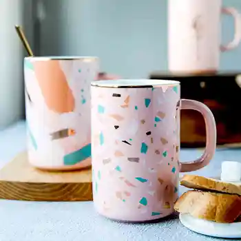 

Pink Gold Edge Coffee Mug Coffe Cup Hand Painted Milk Mug Spoon 400ML Tea Cup Caffe Cup Porcelain Juice Beer Mug Funny Lovely