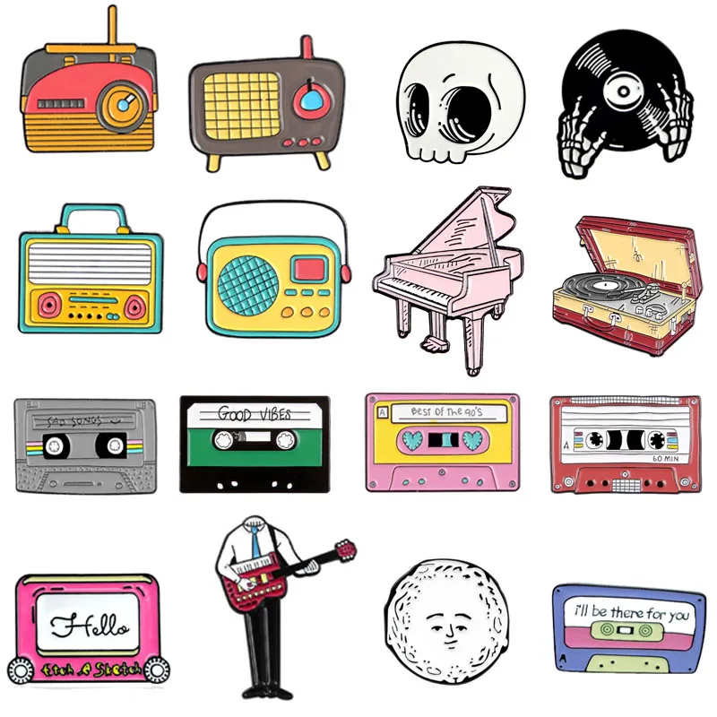 

Music collection series metal pins fashion recorder TV portable audio CD emoticon tape piano portable piano enamel brooch gift