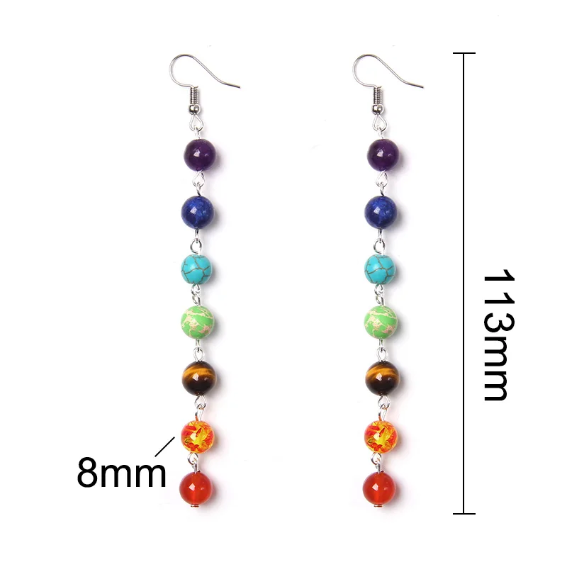 Long Earrings Rainbow Round Natural Stone Earrings 7 Chakra Earrings Women Long Fringed Statement Beads Earring