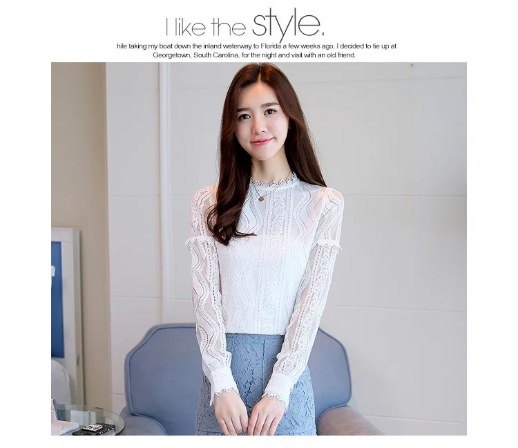 spring autumn Women Crochet Blouse Lace Chiffon Shirt White/Black Basic Shirt Ladies Stand Collar Ruffles Blusas Femininas