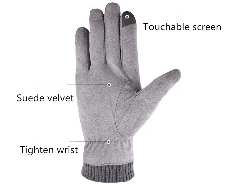 Одна пара однотонных уличных теплых ветрозащитный для езды, мужские толстые перчатки с пальцами, теплые замшевые бархатные перчатки, лыжные принадлежности