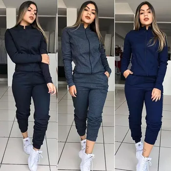 

2020 Women Two Piece Outfits Spring Clothing Casual Zipper Long Sleeve Coat Hight Waist Ankle-Length Casual Sweatpants Plus Size