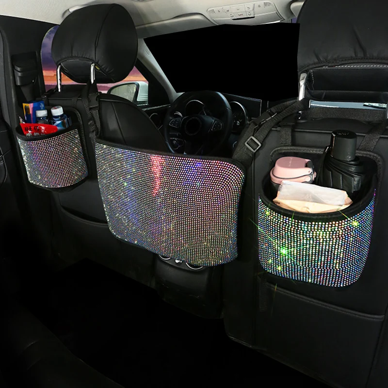 Bolsa de Armazenamento de Carro Assento de Volta Banco de trás do Moda Strass Organizador Titular Cristal Diamante Multi-bolsos Carro Estiva Tidying Mulher 2 multi-bolsos banco de trás do carro estiva tidying mulher