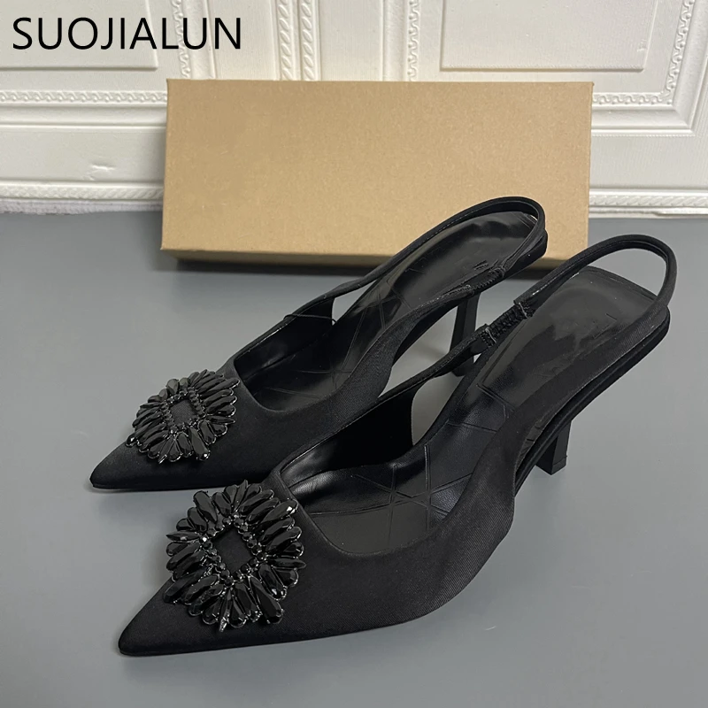 SUOJIALUN New Spring Fashion Crystal Buckle Sandals Women Thick High Heels Pointed Toe Slingback Shoes Elegant Slip On Mule
