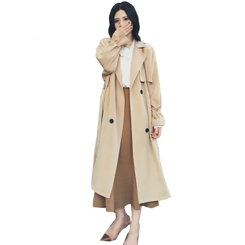 Britse Stijl X lange тренчкот voor vrouwen двубортный Herfst Макси Плюс Размер Jas Slanke Effen Windjack Manteau
