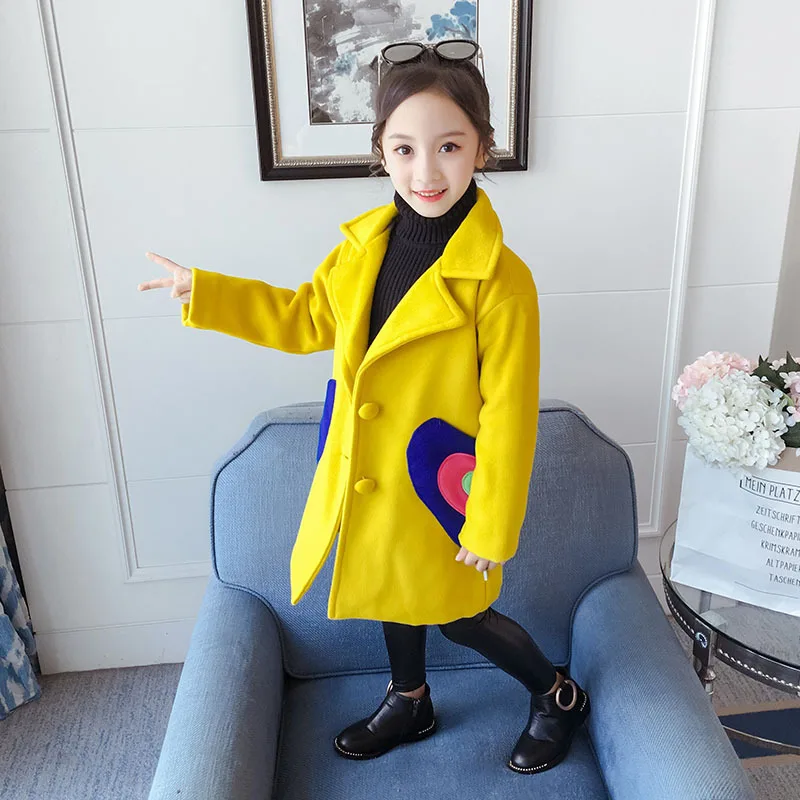 Puckcovi/шерстяное пальто для девочек Детская шерстяная одежда с отложным воротником комбинированная одежда детская теплая зимняя утепленная верхняя одежда модная одежда для девочек возрастом от 3 до 13 лет - Цвет: Yellow wool coat