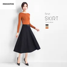 INNASOFAN плотная теплая трикотажная юбка Женская осенне-зимняя плиссированная юбка модная Высококачественная шикарная Однотонная юбка с высокой талией