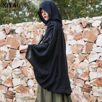 

XITAO Flax Womens Cape Solid Color Short Hooded Top Fashion Vintage Plus Size Cape Coat Poncho Bandage Women Clothes ZLL4787