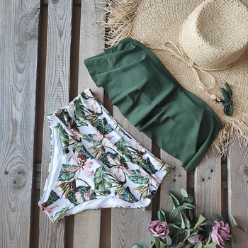 

High Wast Bikini 2020 Ruffled Swimsuit Sexy Halt Swimwear Women Print Bikinis Off-Shoulder Bikini Set Plus Size Bathing Suit