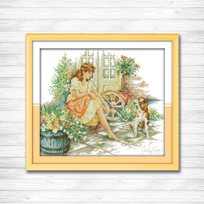 

The sabbatic girl and dog garden 11CT patterns printed on canvas 14CT needlework diy dmc cross stitch chinese Set Embroidery kit