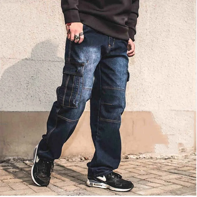 Mcikkny Fashion Men's Cargo Jean Pants With Multi-pockets Loose Style Motorcycle Denim Trousers For Male Washed Size 29-44 (1)