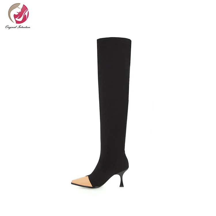 

Original Intention Popular Mixed Color Over the Knee High Boots Woman Pointed Toe Spike Heels Elegant Party Dress Casual Shoes