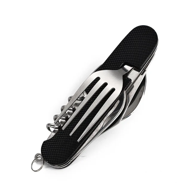 Hot sale knife and fork combination portable 6 in 1 stainless steel folding cutlery set for outdoor camping picnic travel Black