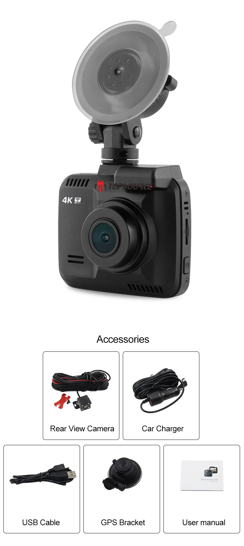 TOPSOURCE Dash Cam 4K Встроенный gps скорость координаты WiFi DVR двойной объектив видеорегистратор ночного видения 24H Park