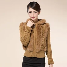 

Women Spring Real Rabbit Fur Hoodie Zipper Jacket Coat Rabbit Fur Sweater Jacket Lady Outerwear Overcoat