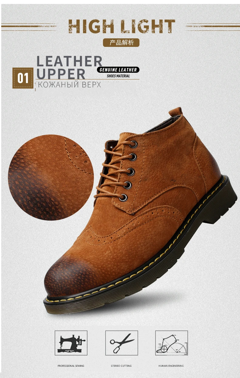 Warm Fur Plush Men Boots High Quality Split Leather Ankle Snow Boots Fashion Winter Waterproof Lace-Up Large Size 38-46