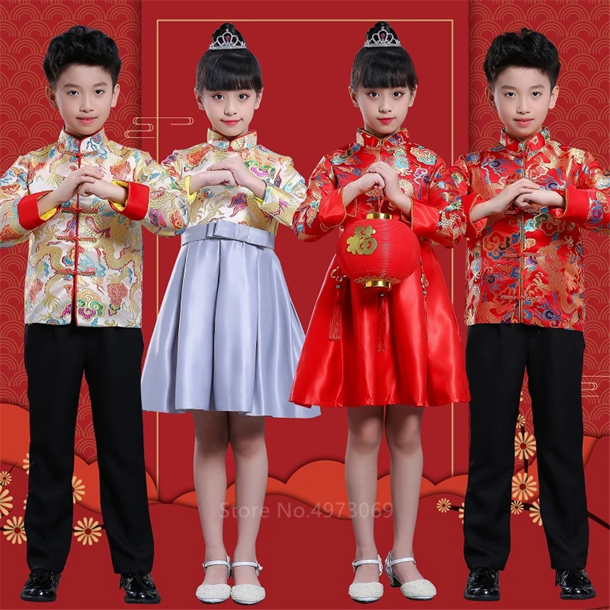 Новогоднее платье Hanfu в китайском стиле для мальчиков и девочек красные костюмы для народных танцев с вышивкой в стиле Танг для сцены 110-160 см