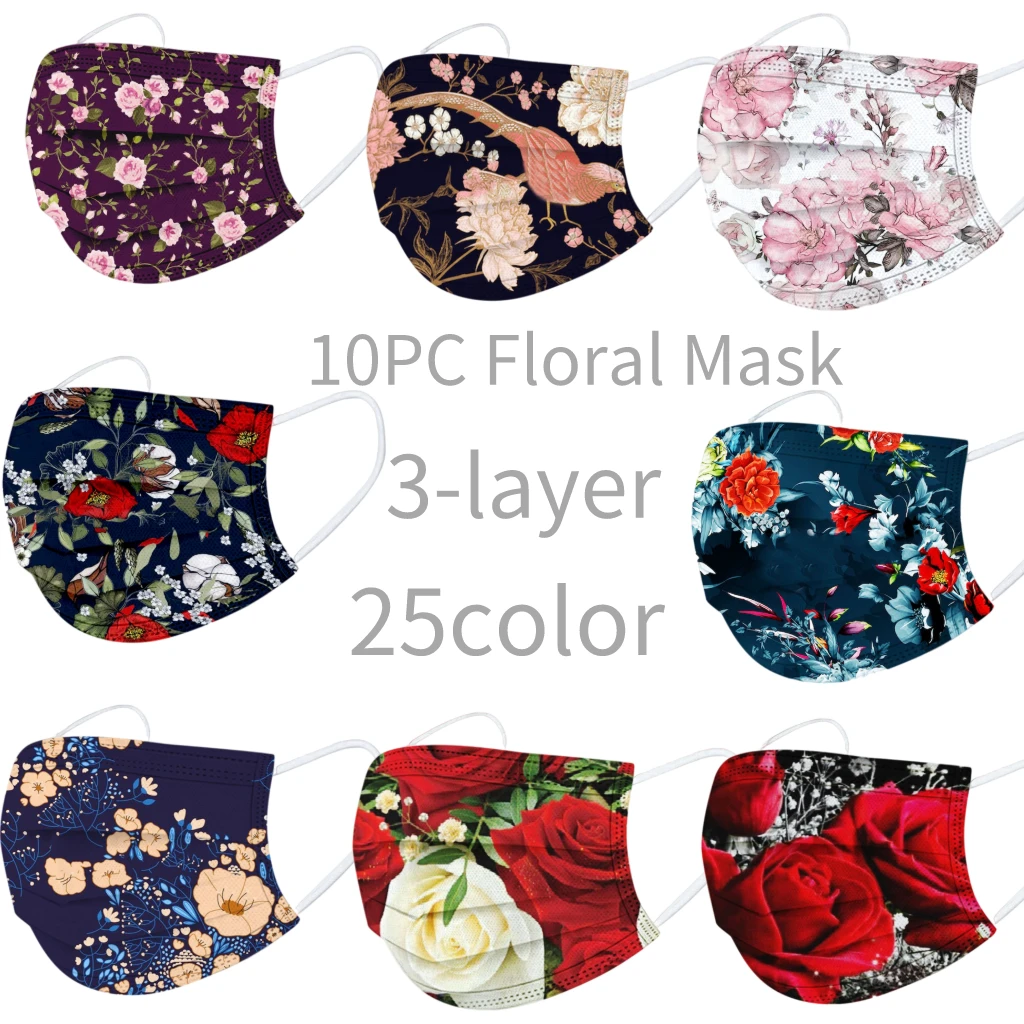 Mascarilla con estampado Floral para adultos y hombres, máscara transpirable con diseño 3d, para la cara, 10 unidades