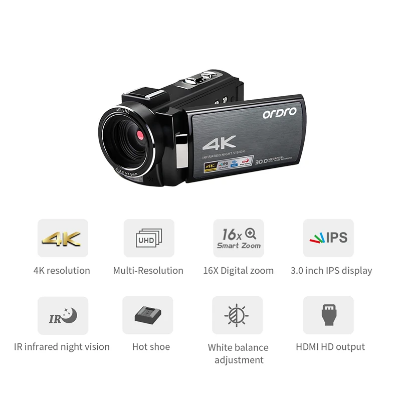 Portable AE8 Digital Camera Camcorder Support Max 128GB 16X Zoom Infrared Night Vision Shooting 4K Ultra HD Video Resolution