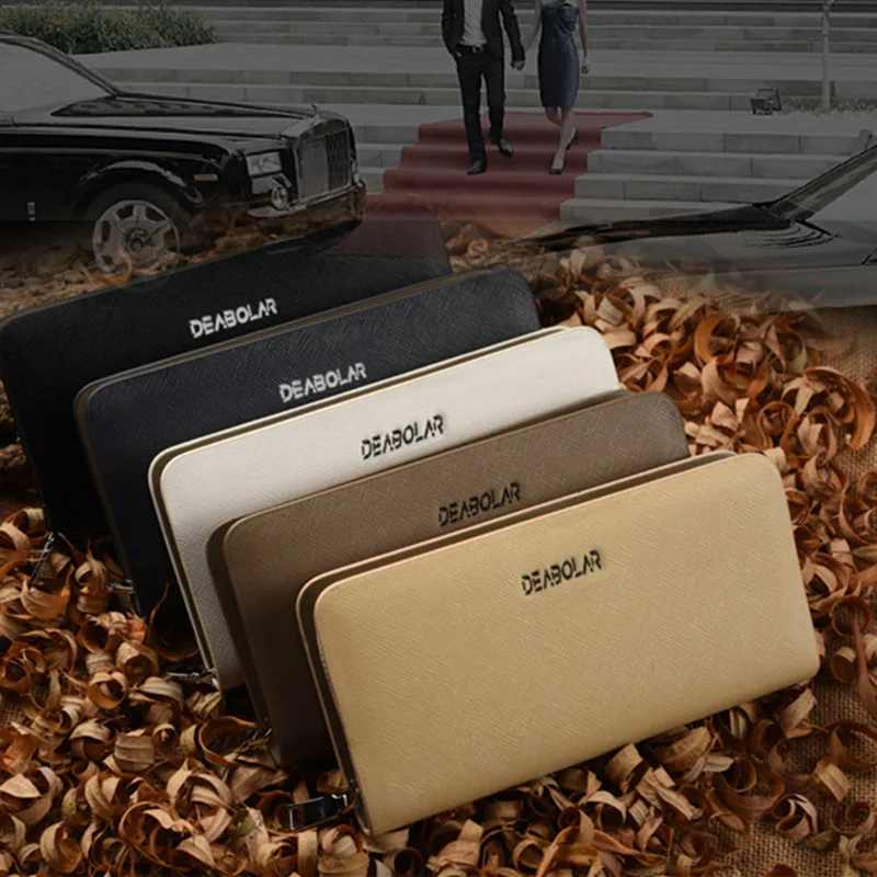 

HUGWISER Explosion Men Long Wallet Korean Version of High-end Cross Pattern Handbag Men Fashion Zipper Phone Card Photo Hand Bag