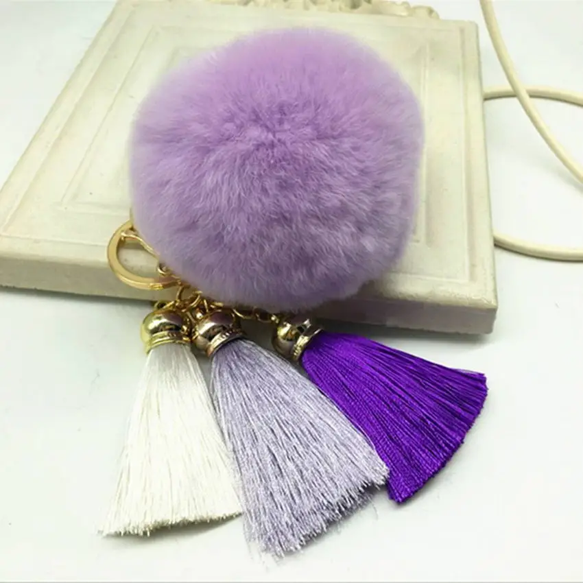 3 Pcs Multicolor Ice Silk Tassel Pom Pom Keychain Bulk Large Rex