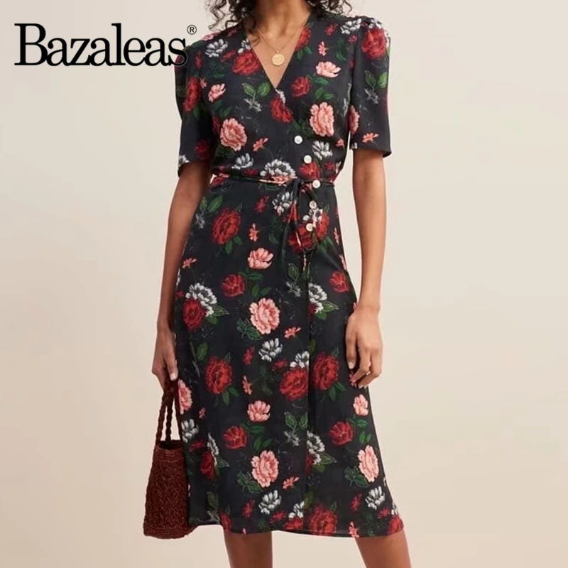 Bazaleas Франция Arles цветочный принт Черный vestido модное крепление галстук боковые пуговицы для женщин миди платье винтажное габиновое платье с запахом