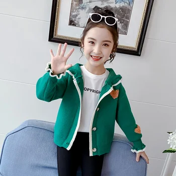 

Fashion Kids Sweaters Autumn Children Clothing Hooded Knitted Sweater Coat Teenage School Girls Love Cardigan Baby Clothes 8 12Y