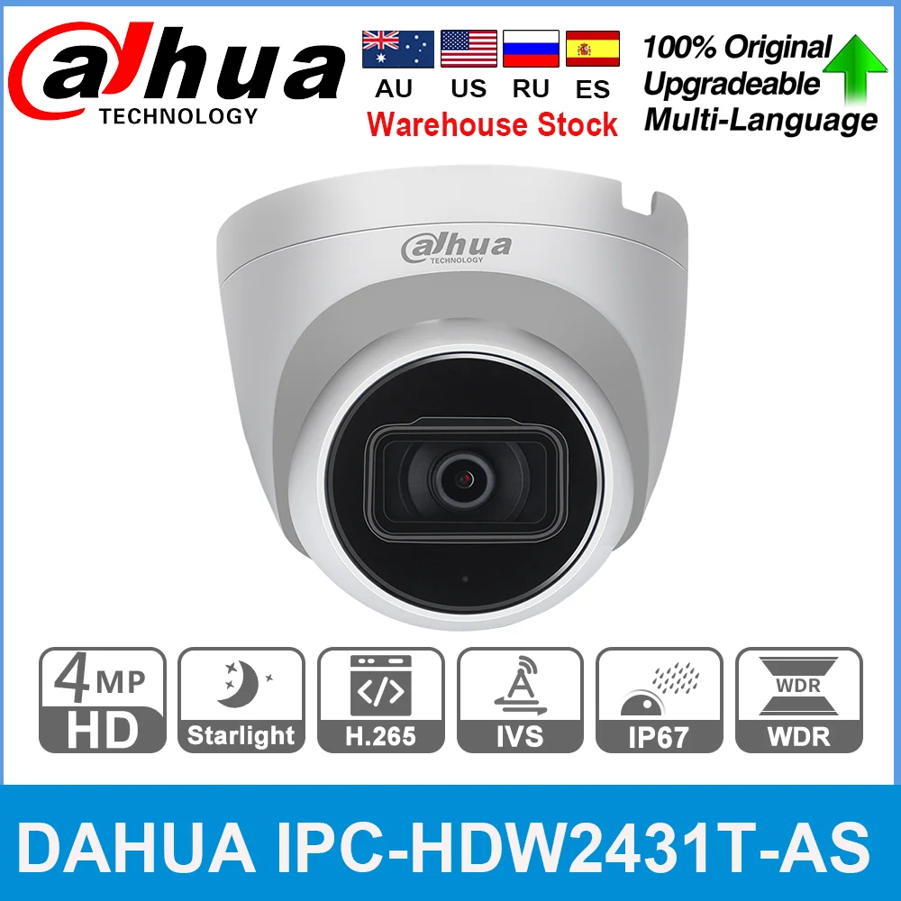 Dahua Original IPC-HDW2431T-AS-S2 4MP HD POE Built in MiC SD Card Slot H.265 IP67 30M IR Starlight IVS Upgradeable Dome  Camera