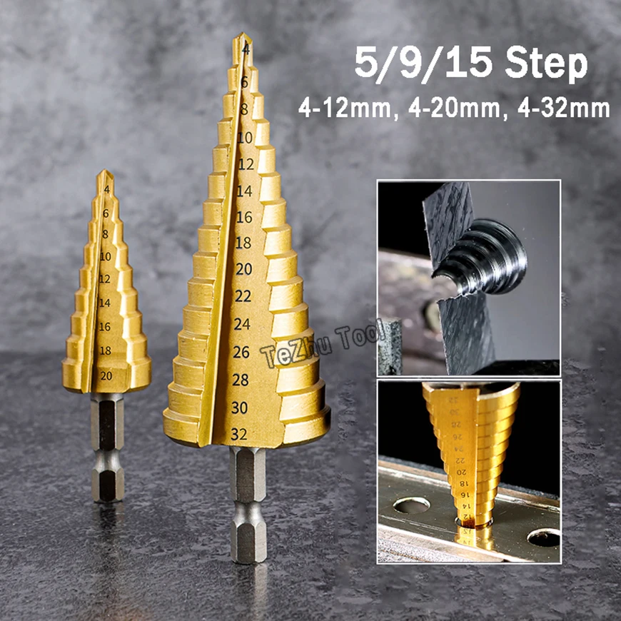 

1pcs 4-12mm 4-20mm 4-32mm HSS Straight Groove Step Core Drill Bit TI Titanium Coated Wood Metal Hole Cutter Drilling Bit Tools