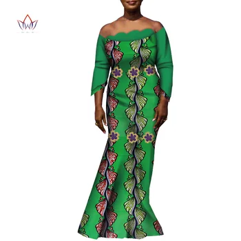 

African Women Dress Bazin Riche African Clothing Wedding Party Clothes Long Sleeve Off Shoulder Print Dress Floor Length WY6342