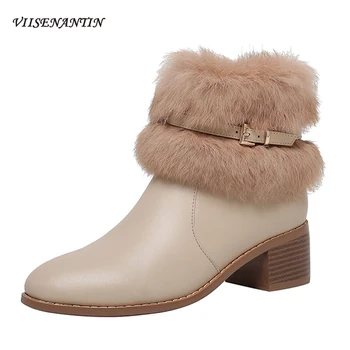 

Autumn Winter New Round Toe Mid-heeled Fleece Ankle Boots European American Fashion Belt Buckle Decor Women Short Snow Boots