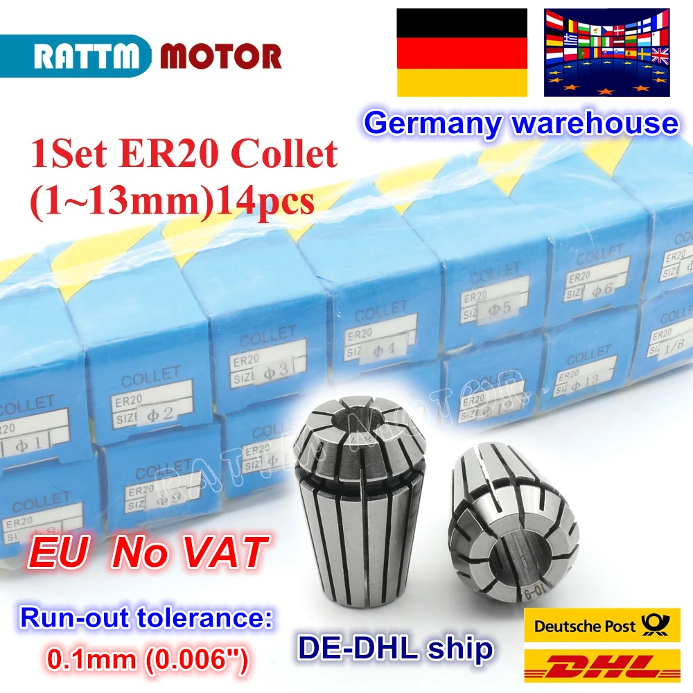 

DE ship 1 set ER20 (1-13mm) 14pcs collet beating 0.1mm precision spring collet for CNC milling lathe tool and spindle motor