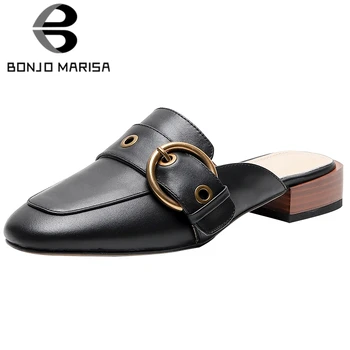 

BONJOMARISA Cool Lady Summer Pumps Metal Buckle Decorations Slip On Square Toe Genuine Leather Pumps Women Low Heels Shoes Woman