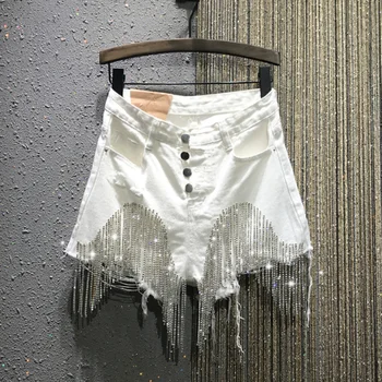 

White Jeans Woman 2020 Summer New Breasted High Waist Rhinestone Tassel Chain Slim-Fit White Denim Shorts Women's Shorts