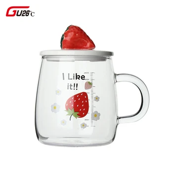 

500ml Cute Water Glass Transparent Mug Drinking Glass With Handgrip 3d Lid Cartoon Strawberry Borosilicate Cup Coffee Drinkware