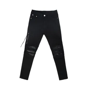 

Men Jeans Denim PU Patch Hole Vintage Black High Street Slim Pencil Pants Elastic Outdoor Slimple HIP HOP Punk Streetwear