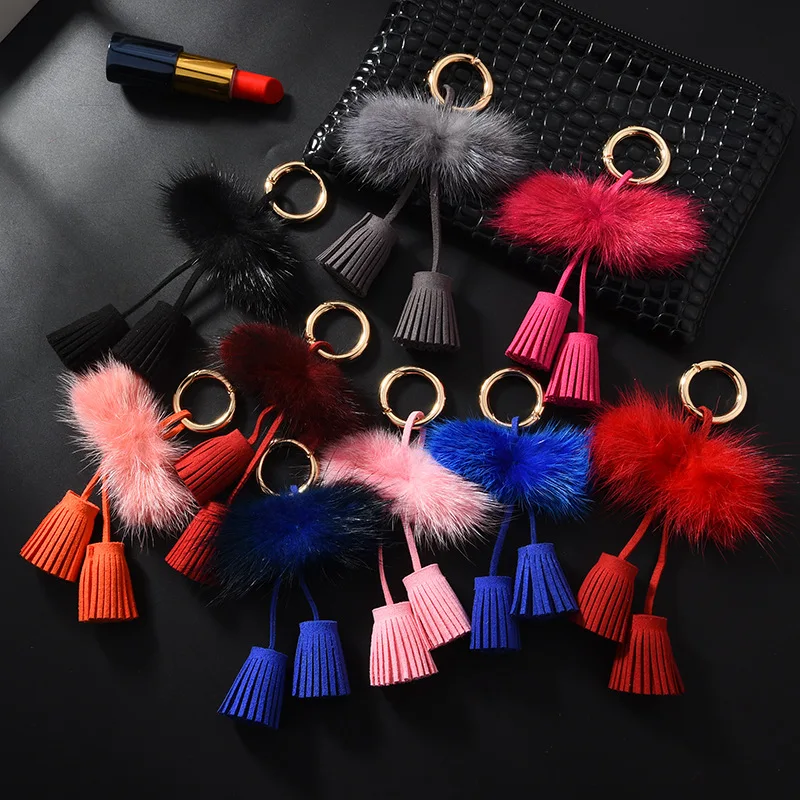 

Cute Genuine Mink Fur Bow with Korean Velvet Faux Leather Tassel Keychain for Women Girl Bag Car Pendent Accessories Pompom Gift