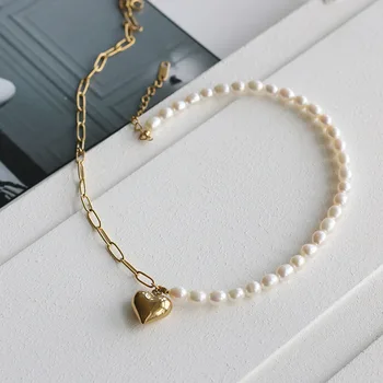 

Natural Freshwater Pearl Rice Grain Semi-Spliced Chain Lovely Heart Necklace Clavicle Chain Titanium Steel