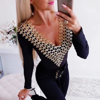 

Sexy Lace Patchwork Black Bodysuits Women Autumn Winter V Neck Long Sleeve Party Club Bodycon Rompers Stretchy Skinny Playsuits