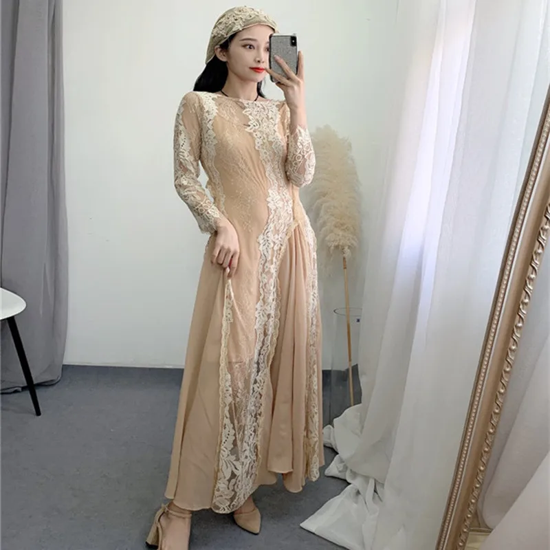 Wedding Evening Party Ladies Dress Elegant Lace Longer Sleeve Dresses Backless Hollow Out Summer Long Maxi | Женская одежда