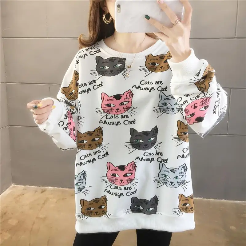 Белый Толстовка с принтом животных Kawaii Cat; женская одежда; Весенняя хлопковая свободная толстовка с круглым вырезом и открытыми плечами с милым рисунком; тонкие пуловеры - Цвет: Белый