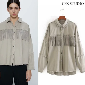 

Za Women Denim Jacket with Turn-down Collar Tassel Patchwork Casual Loose Outwear Femme Autumn Grey Loose Oversize Denim Coat