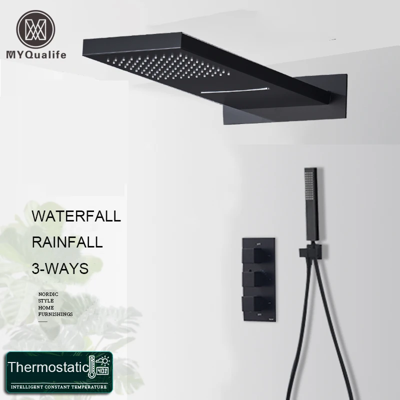 Matte Black Rain Waterfall Shower Set Thermostatic Mixer Bath Shower Mixer Tap 3 ways Faucet Wall Mounted