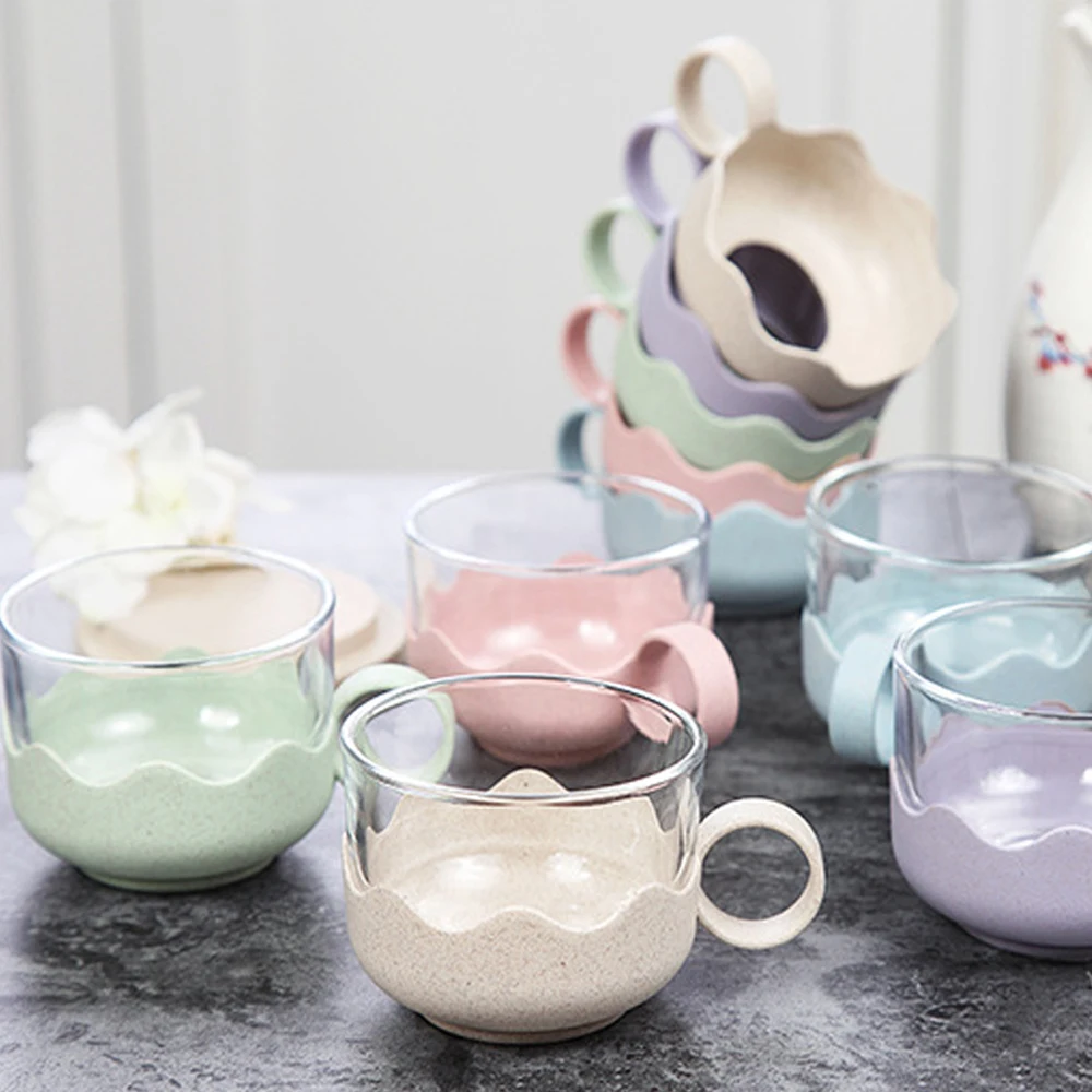 

2PCS Glass Tea Cup Coffee Mugs With Wheat Straw Handle Thickened Cups Creative Drinkware