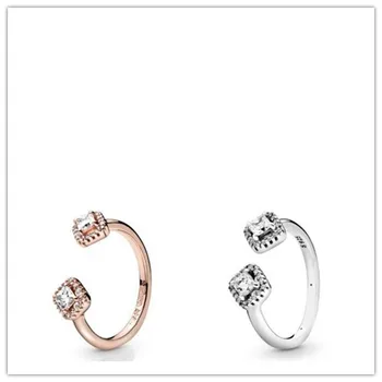 

925 Sterling Silver Ring Square Sparkle Open Ring With Crystal For Women Wedding Party Gift Pandora Jewelry