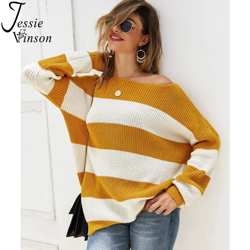 

Jessie Vinson Slash Neck Stripes Sweater Women Fashion Long Sleeve Yellow Knitted Sweater Jumper Pullover Sweater Pull Femme